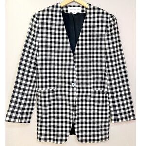 Jones New York Vintage Checkered Long Length One Button Blazer 100% Pure Wool
